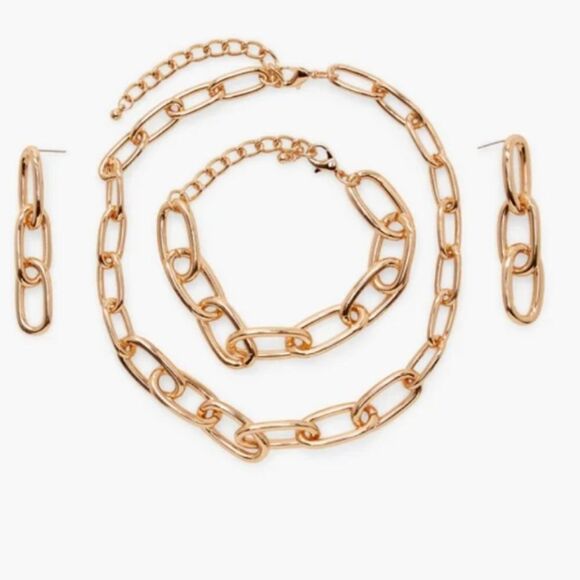 Gold Oval Chain Link Necklace Bracelet Earrings Set - Picture 1 of 7